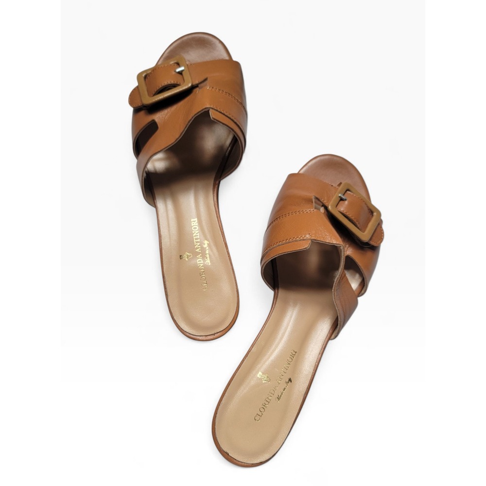 Clorinda Antinori Tan Leather Buckle Slide Low Heel Sandals Italy EU 39 US 9